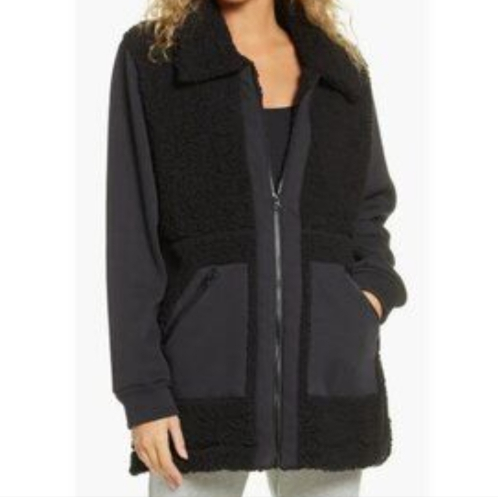 Zella Mix it Up Faux Shearling Jacket Size Medium Black